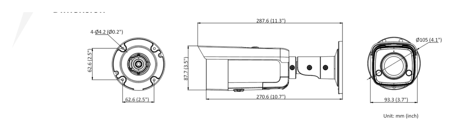 DS-2CD2T46G2-ISU 外形尺寸圖 Ø 105 mm × 287.6 mm (Ø 4.1" × 11.3")｜重量 Approx. 1135 g (2.5 lb.)｜Unit: mm