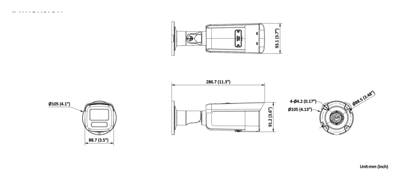 DS-2CD2T46G2H-2I-4I 外形尺寸圖 286.7 mm × 93.1 mm × 91.2 mm (11.3" × 3.7" × 3.6")｜重量 Approx. 1085 g (2.4 lb.)｜Unit: mm