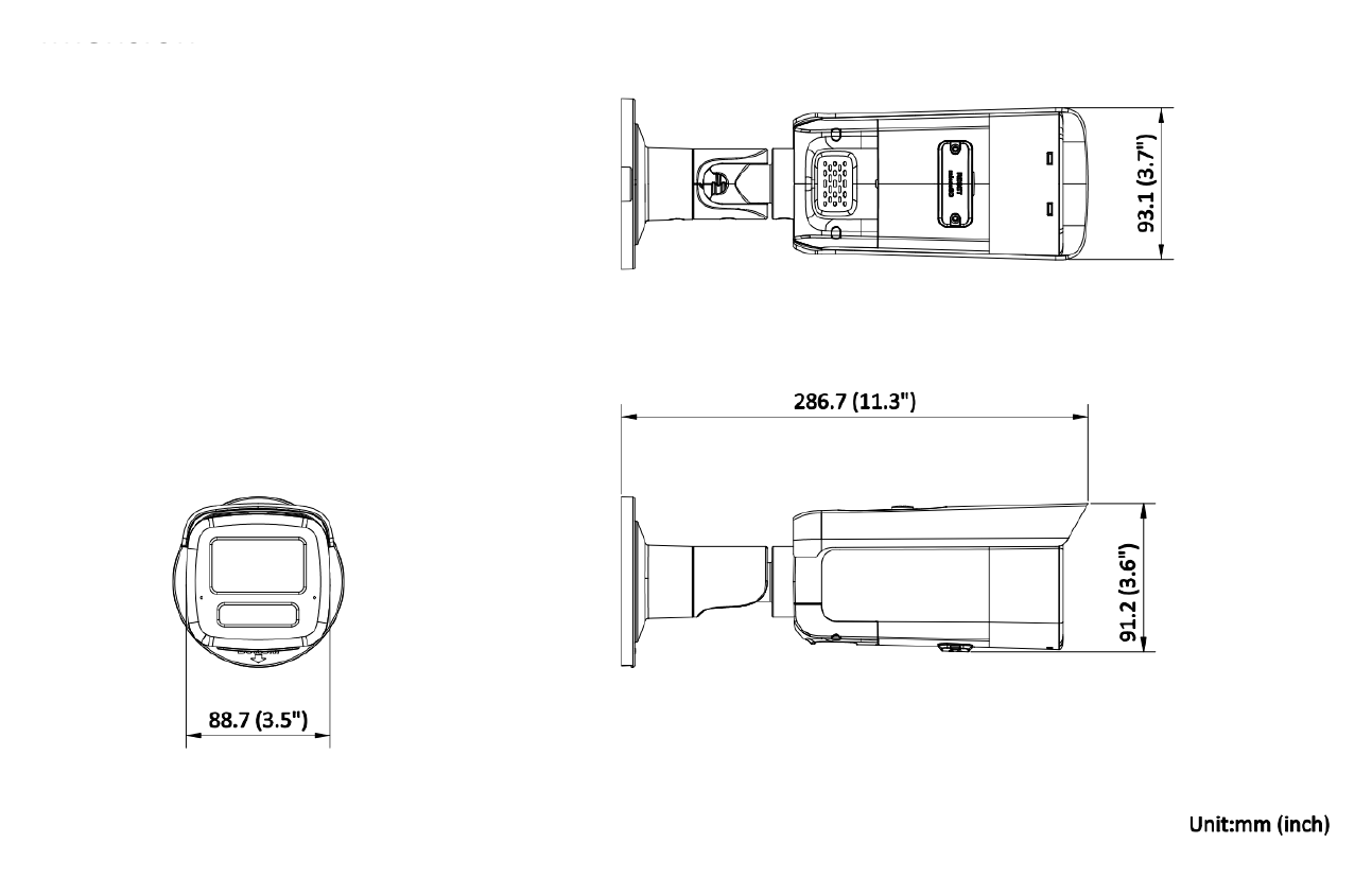 DS-2CD2T46G2H-IS2U 外形尺寸圖 286.7 mm × 93.1 mm × 91.2 mm (11.3" × 3.7" × 3.6")｜重量 Approx. 1205 g (2.7 lb.)｜Unit: mm