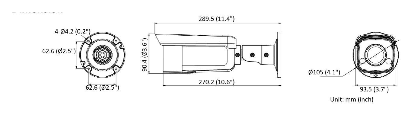 DS-2CD2T47G2-L-C 外形尺寸圖 Ø105 mm × 289.5 mm (Ø4.1″ × 11.4″)｜重量 Approx. 1170 g (2.4 lb.)｜Unit: mm