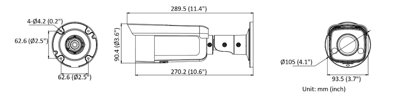 DS-2CD2T47G2-L 外形尺寸圖 Ø105 × 289.5 mm（Ø4.1″ × 11.4″）｜重量約 1170 g｜Unit: mm (inch)