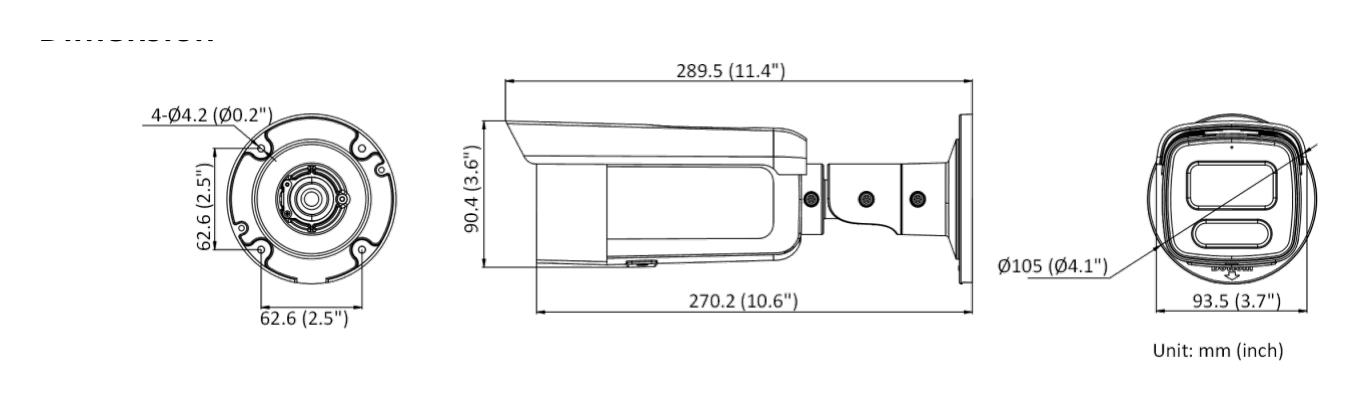 DS-2CD2T47G2-LSU 外形尺寸圖 289.5 mm × Ø 105 mm (11.4"× Ø 4.1")｜重量 Approx. 1165 g (2.6 lb.)｜Unit: mm