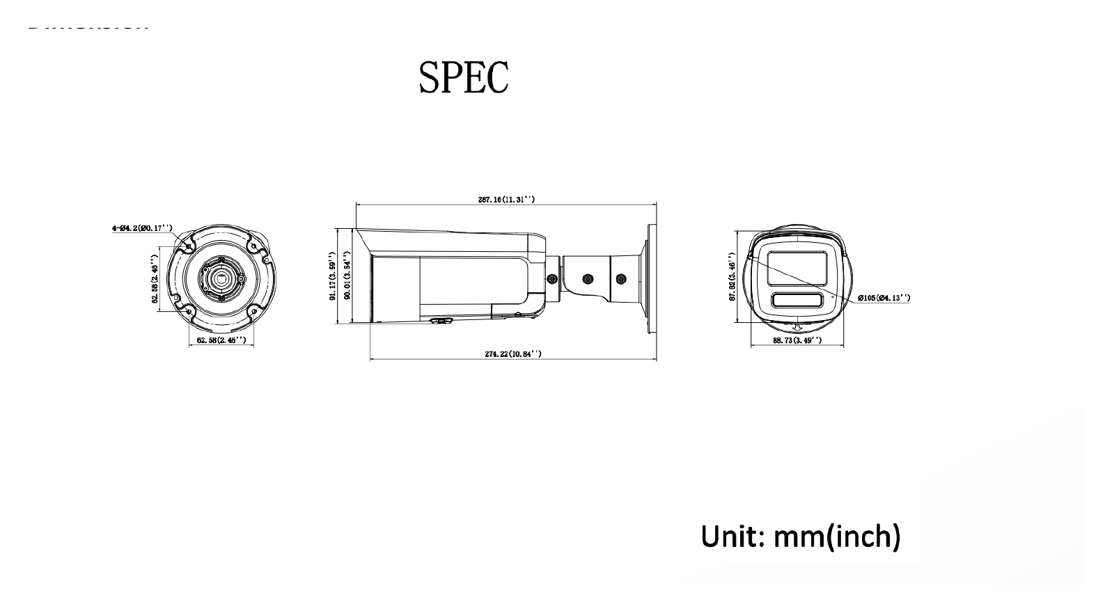 DS-2CD2T47G3-LIS2UY 外形尺寸圖 286.7 mm × 93.3 mm × 91.2 mm (11.3" × 3.7" × 3.6")｜重量 Approx. 1250 g (2.8 lb.)｜Unit: mm