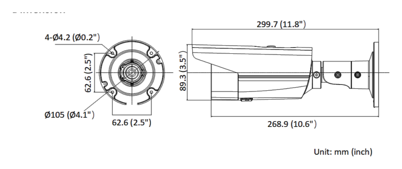 DS-2CD2T63G2-2I 外形尺寸圖 Ø 105 mm × 299.7 mm (Ø 4.1" × 11.8")｜重量 Approx. 1065 g (2.4 lb.)｜Unit: mm
