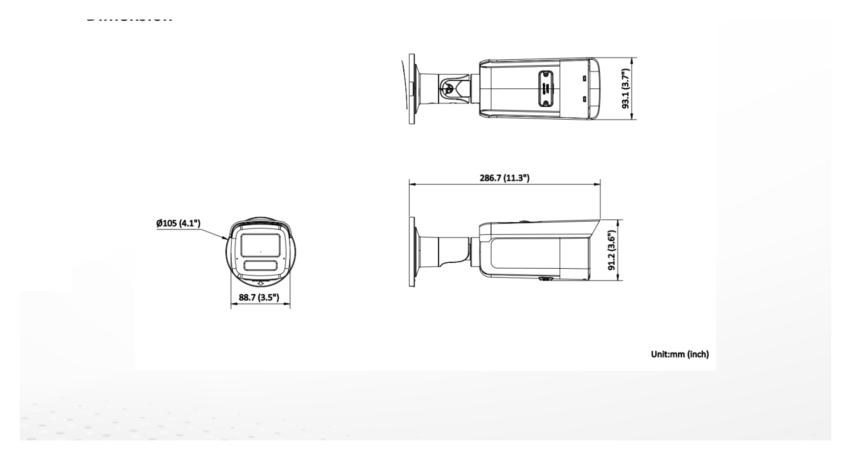 DS-2CD2T63G2-2LI2U 外形尺寸圖 88.7 mm × 93.1 mm × 286.7 mm (3.5" × 3.7" × 11.3")｜重量 Approx. 1150 g (2.5 lb.)｜Unit: mm