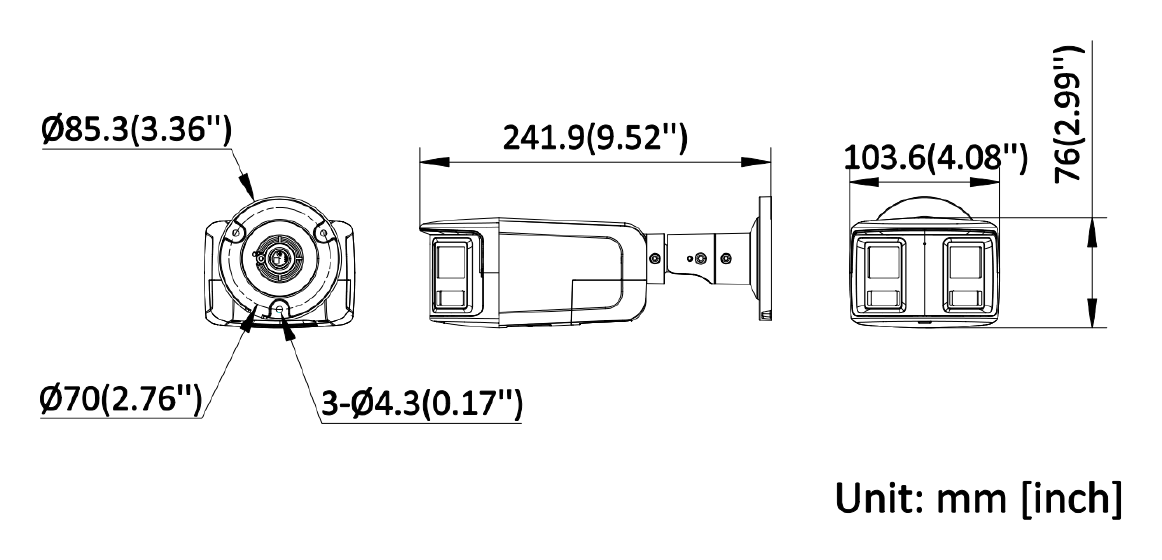 DS-2CD2T63G2P-LISU 外形尺寸圖 103.6 mm × 76 mm × 241.9 mm (4.1" × 3.0" × 9.5")｜重量 Approx. 940 g (2.1 lb.)｜Unit: mm