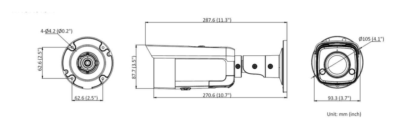 DS-2CD2T66G2-ISU 外形尺寸圖 Ø 105 mm × 287.6 mm (Ø 4.1" × 11.3")｜重量 Approx. 1155 g (2.5 lb.)｜Unit: mm