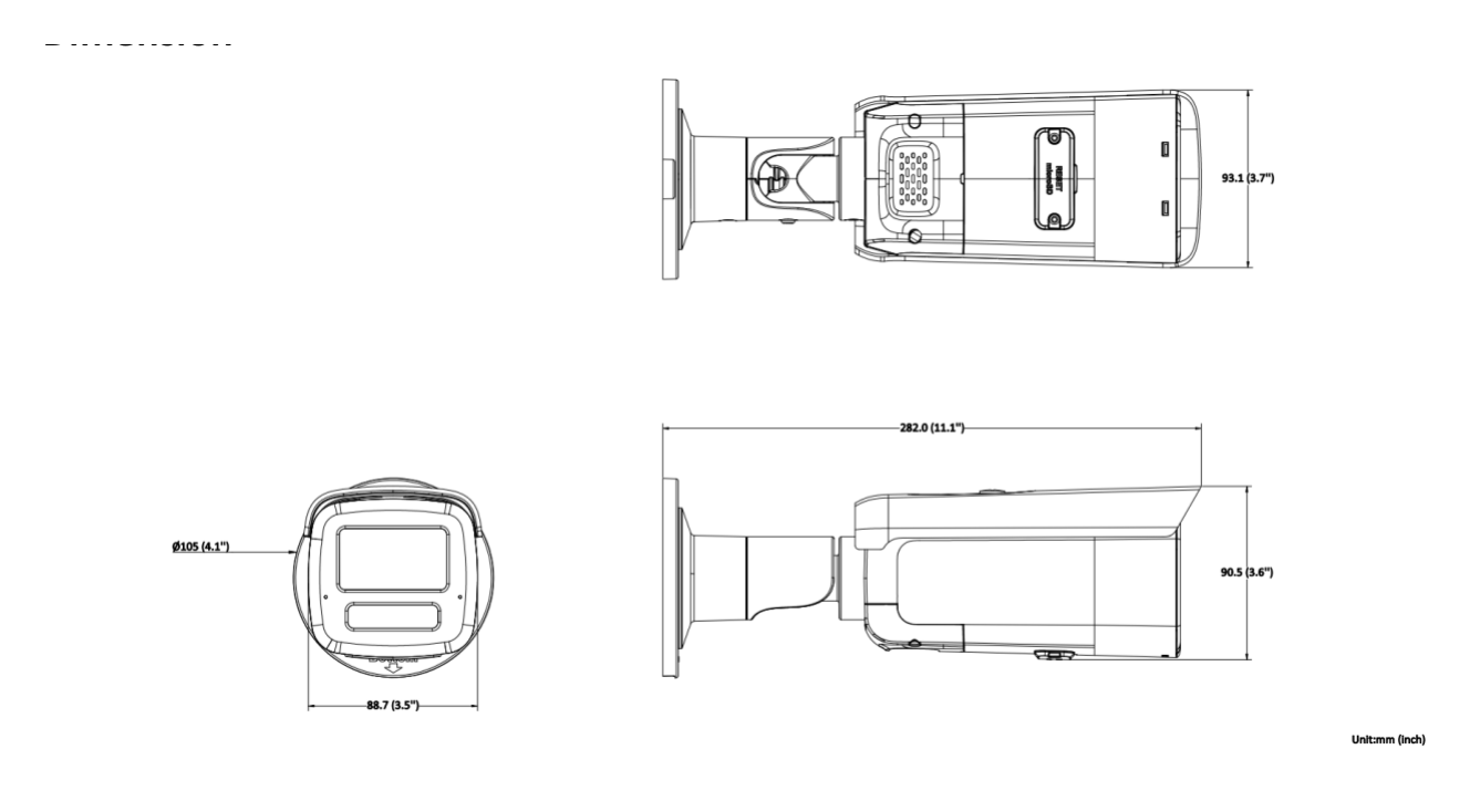 DS-2CD2T66G2H-IS2U 外形尺寸圖 282 mm × 93.1 mm × 90.5 mm (11.1" × 3.7" × 3.6")｜重量 Approx. 1210 g (2.7 lb.)｜Unit: mm