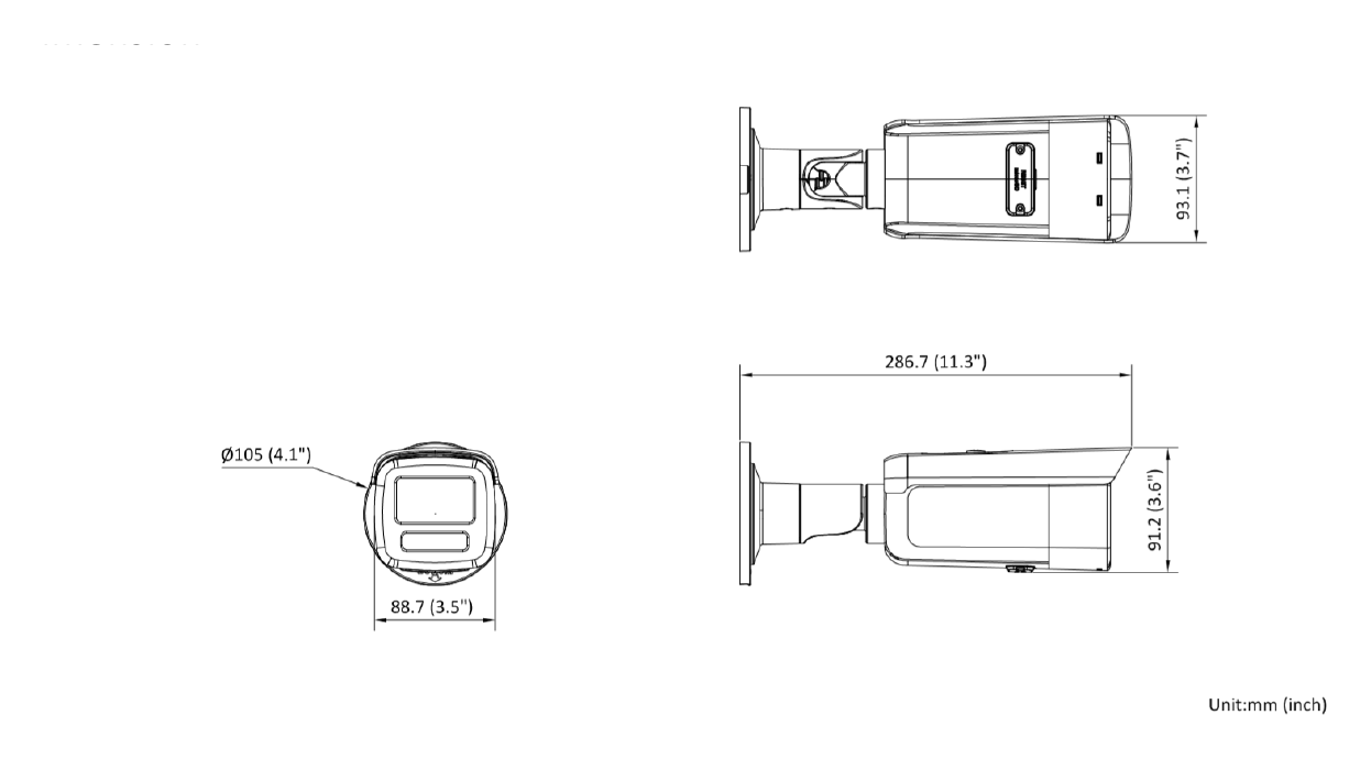 DS-2CD2T67G2-L-C 外形尺寸圖 286.7 mm × 93.1 mm × 91.2 mm (11.3" × 3.7" × 3.6")｜重量 Approx. 1.11 kg (2.4 lb.)｜Unit: mm