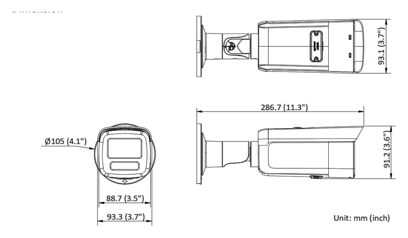DS-2CD2T67G2H-LI 外形尺寸圖 286.7 mm × 93.3 mm × 91.2 mm (11.3" × 3.7" × 3.6")｜重量 Approx. 1085 g (2.4 lb.)｜Unit: mm
