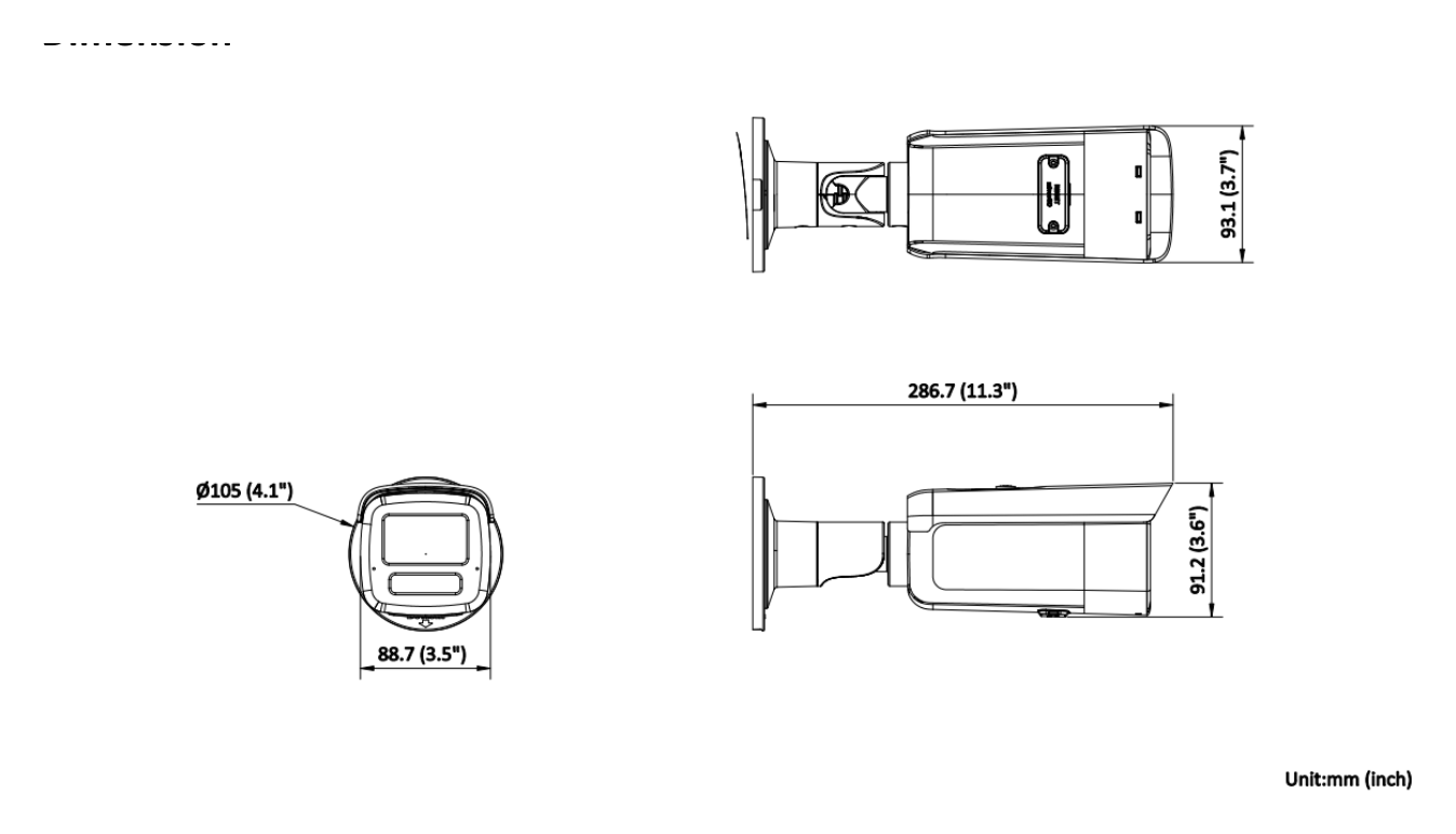 DS-2CD2T83G2-2LI2U 外形尺寸圖 88.7 mm × 93.1 mm × 286.7 mm (3.5" × 3.7" × 11.3")｜重量 Approx. 1160 g (2.6 lb.)｜Unit: mm