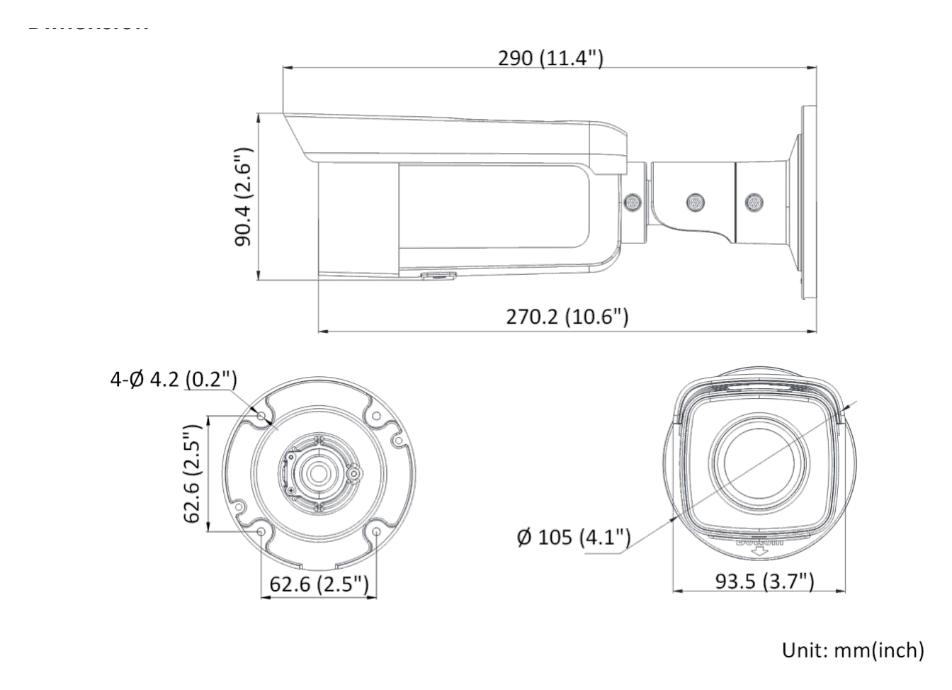 DS-2CD2T86G2-2I 外形尺寸圖 Ø 105 mm × 290 mm (Ø 4.1" × 11.4")｜重量 Approx. 1270 g (2.8 lb.)｜Unit: mm