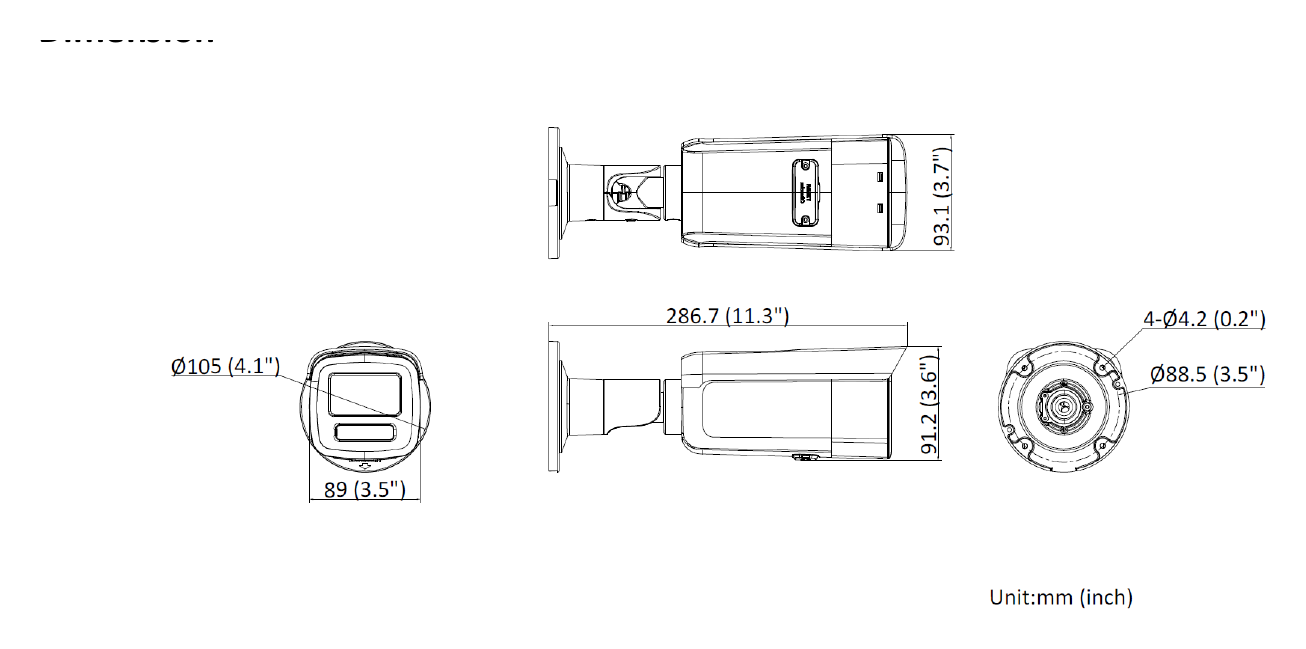 DS-2CD2T86G2-4IY-C 外形尺寸圖 286.7 mm × 93.3 mm × 91.2 mm (11.3" × 3.7" × 3.6")｜重量 Approx. 1270 g (2.8 lb.)｜Unit: mm