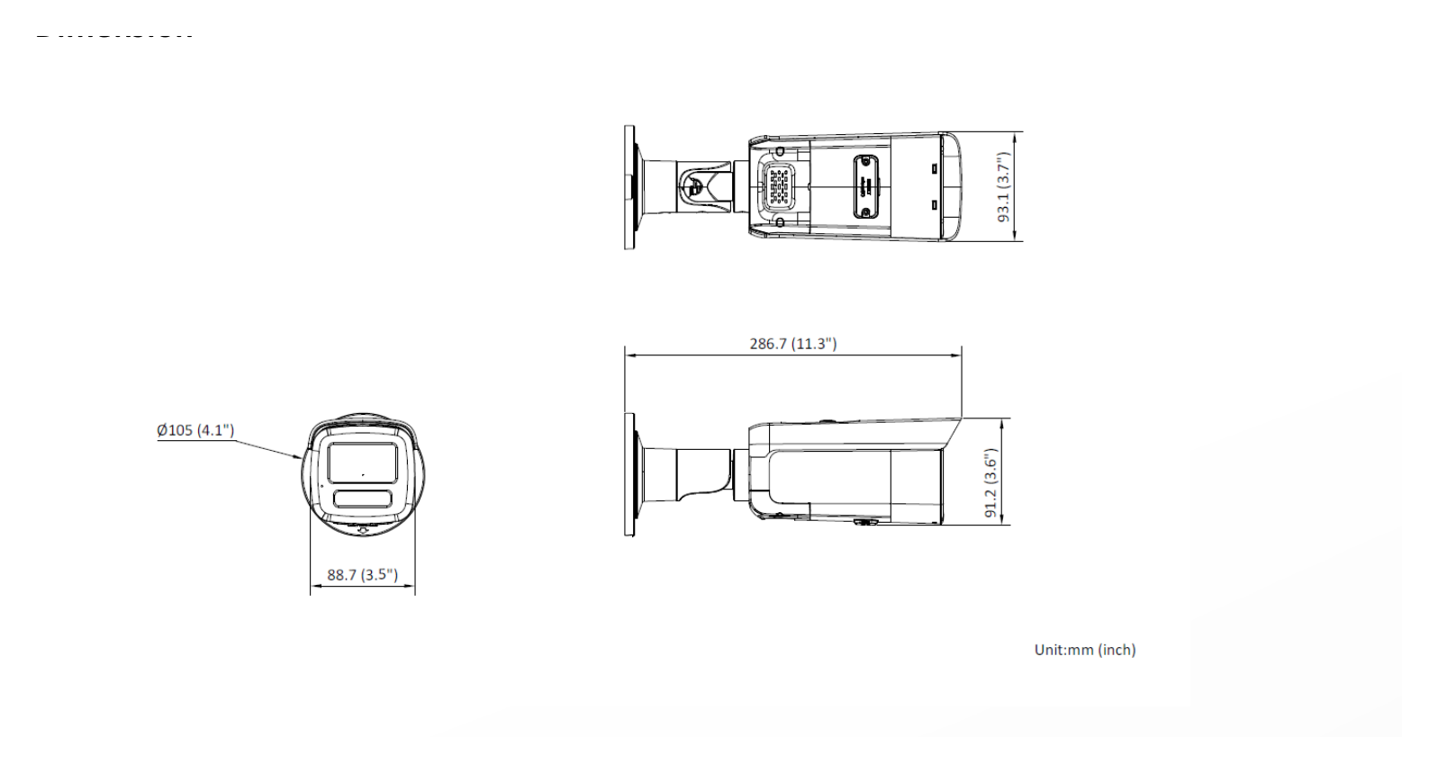 DS-2CD2T86G2-ISU 外形尺寸圖 286.7 mm × 93.3 mm × 91.2 mm (11.3" × 3.7" × 3.6")｜重量 Approx. 1130 g (2.5 lb.)｜Unit: mm