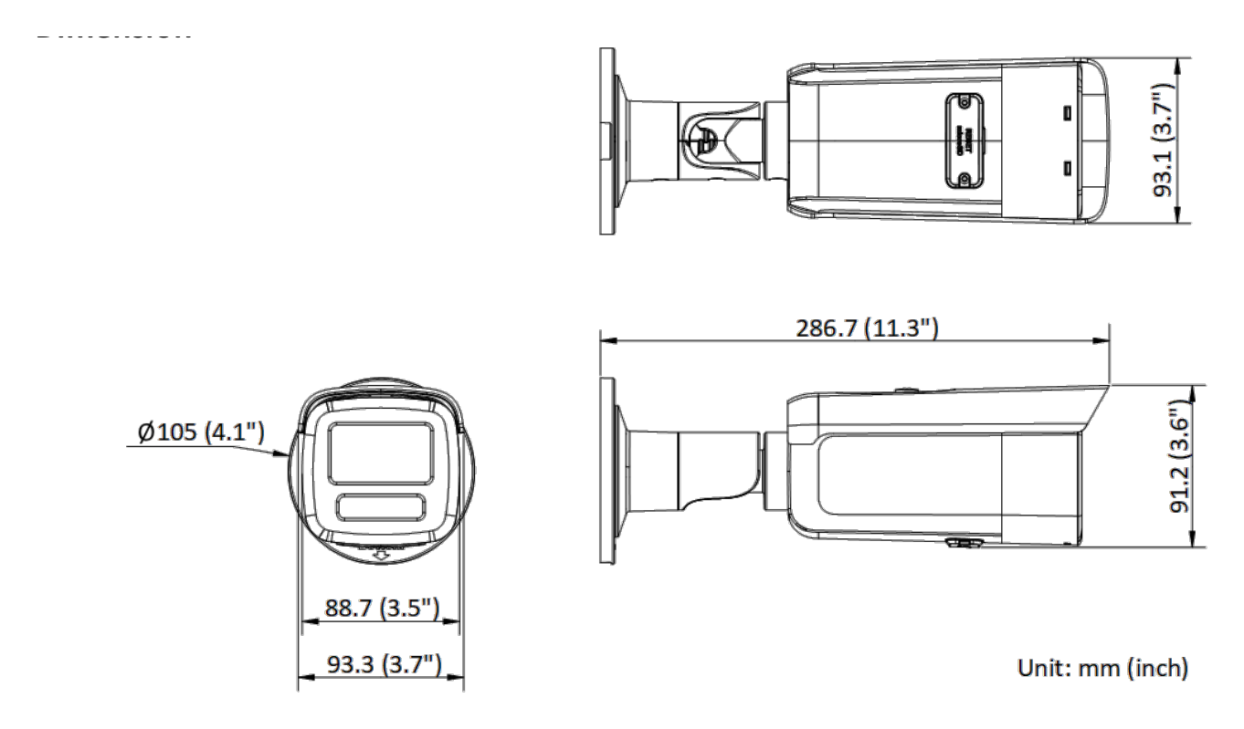 DS-2CD2T86G2H-2I 外形尺寸圖 286.7 mm × 93.3 mm × 91.2 mm (11.3" × 3.7" × 3.6")｜重量 Approx. 1180 g (2.6 lb.)｜Unit: mm