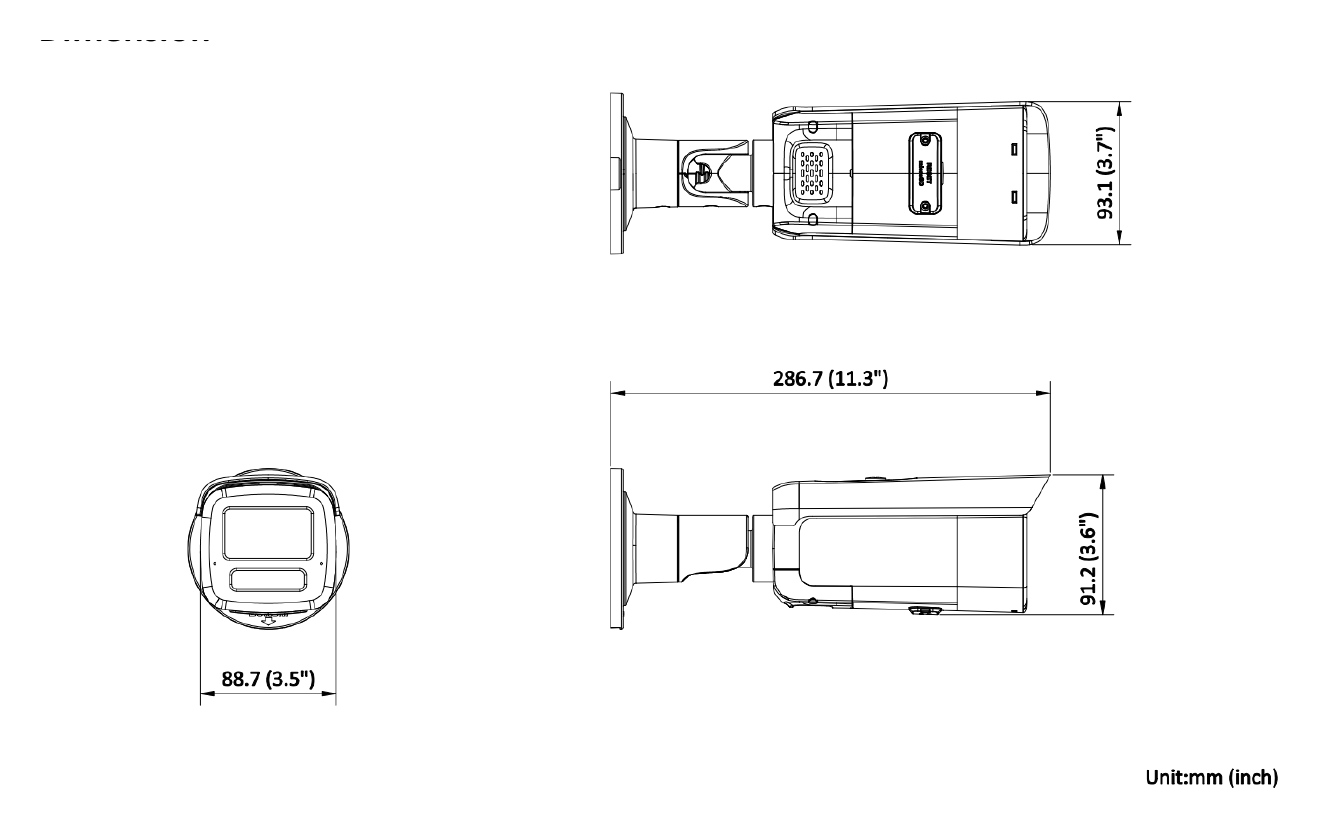 DS-2CD2T86G2H-IS2U 外形尺寸圖 286.7 mm × 93.1 mm × 91.2 mm (11.3" × 3.7" × 3.6")｜重量 Approx. 1220 g (2.7 lb.)｜Unit: mm