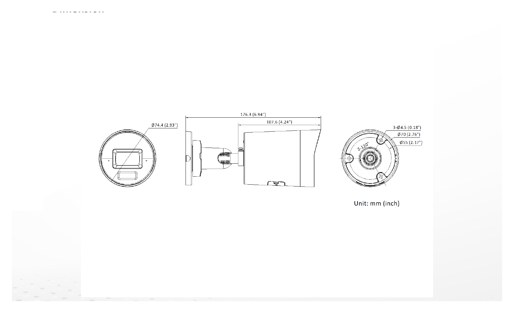 DS-2CD30167G3-LIU 外形尺寸圖 Ø 74.4 mm × 176.3 mm (Ø 2.9" × 6.9")｜重量 Approx. 525 g (1.2 lb.)｜Unit: mm