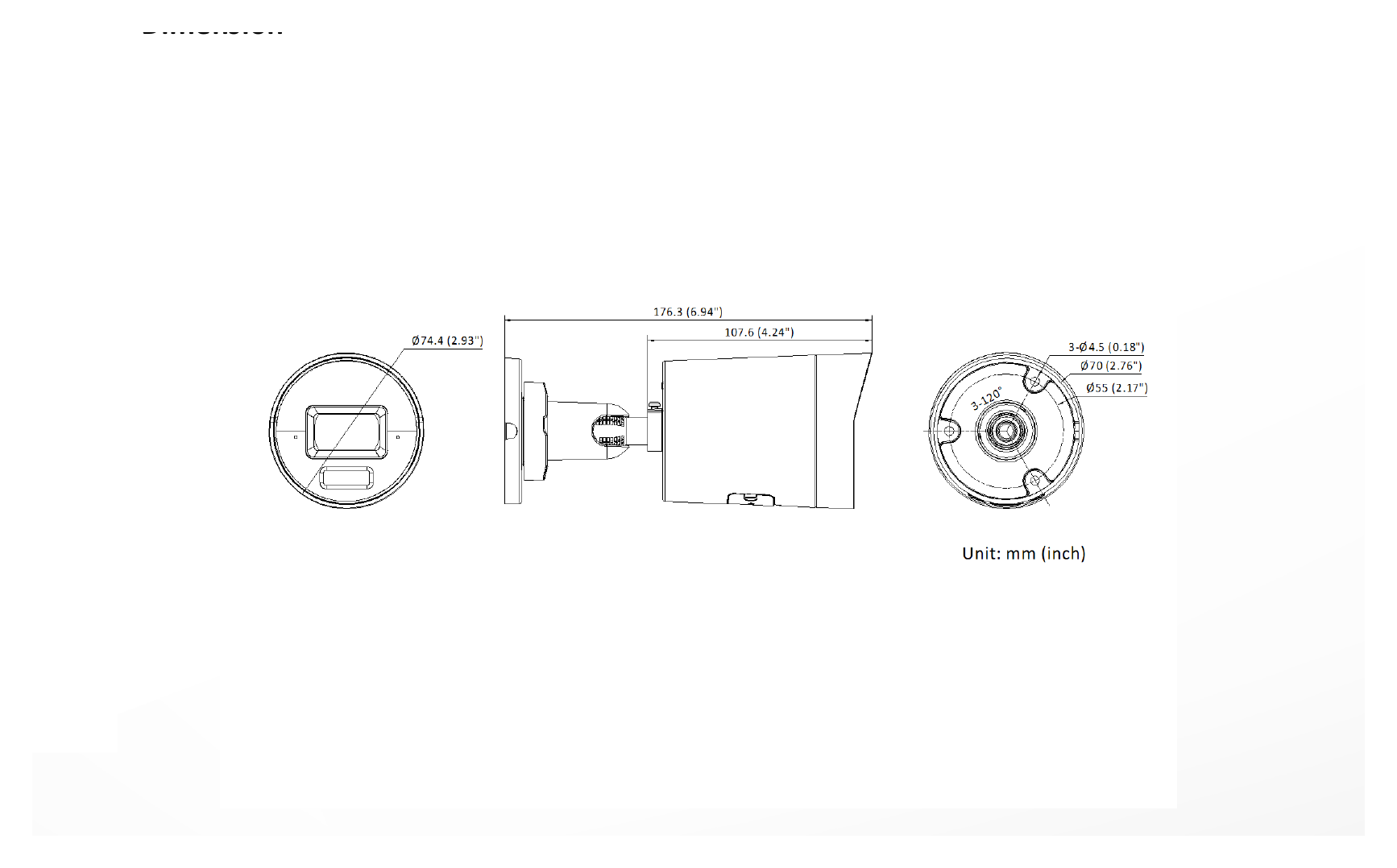 DS-2CD30167G3-LIUY 外形尺寸圖 Ø 74.4 mm × 176.3 mm (Ø 2.9" × 6.9")｜重量 Approx. 525 g (1.2 lb.)｜Unit: mm