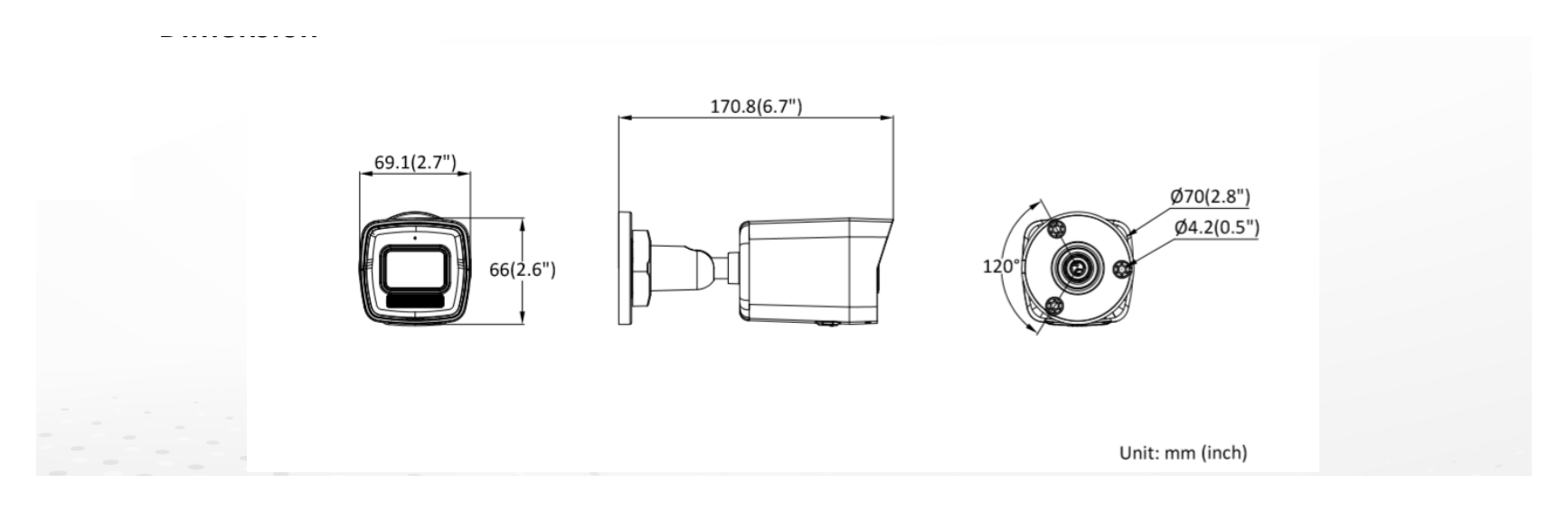 DS-2CD3021G2-LIUF 外形尺寸圖 170.8 mm × 66 mm × 69.1 mm (6.7" × 2.6" × 2.7")｜重量 Approx. 270 g (0.6 lb.)｜Unit: mm
