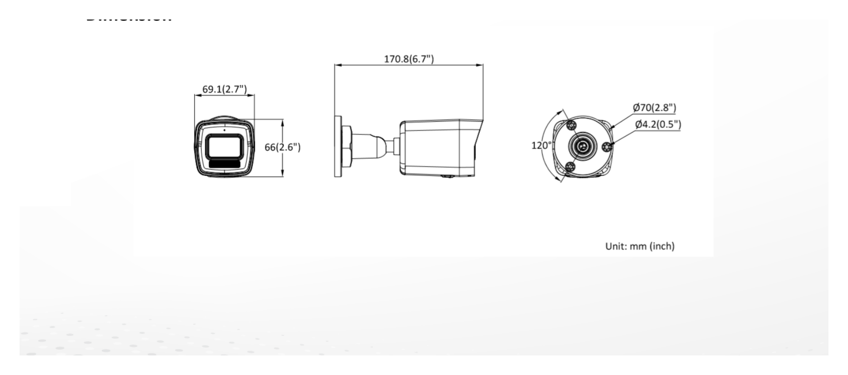 DS-2CD3021G2E-LIU 外形尺寸圖 170.8 mm × 66 mm × 69.1 mm (6.7" × 2.6" × 2.7")｜重量 Approx. 270 g (0.6 lb.)｜Unit: mm