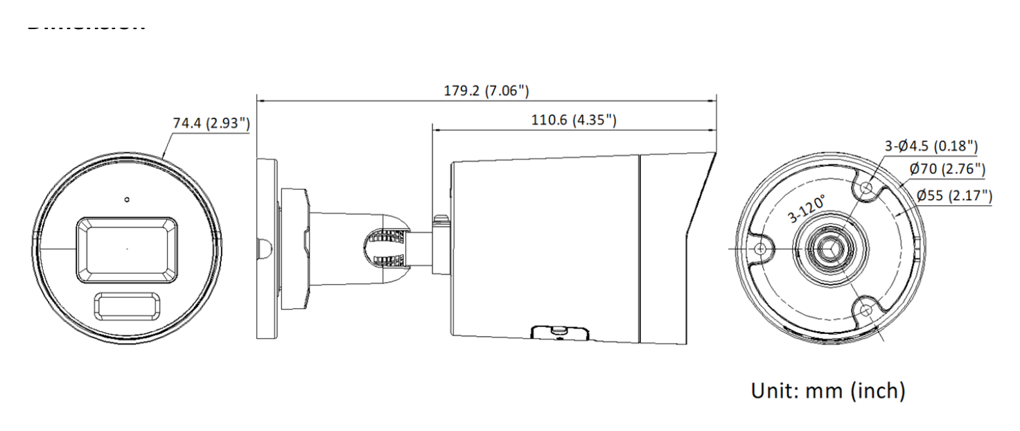 DS-2CD3023G2-IU-B 外形尺寸圖 Ø 74.4 mm × 179.2 mm (Ø 2.9" × 7.1")｜重量 Approx. 510 g (1.1 lb.)｜Unit: mm