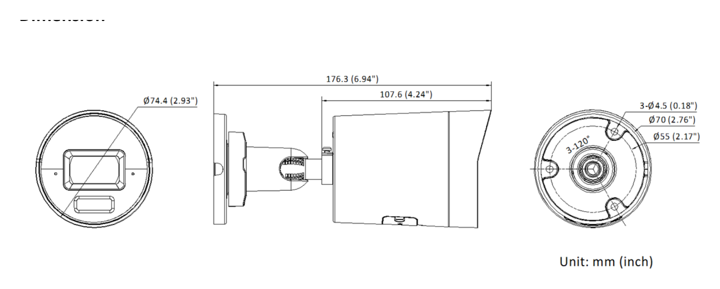 DS-2CD3023G2-LIU 外形尺寸圖 Ø 74.4 mm × 176.3 mm (Ø 2.93" × 6.94")｜重量 Approx. 510 g (1.1 lb.)｜Unit: mm