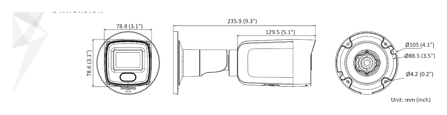 DS-2CD3026G2-IS-C 外形尺寸圖 78.8 mm × 78.6 mm × 235.9 mm (3.1" × 3.1" × 9.3")｜重量 Approx. 830 g (1.8 lb.)｜Unit: mm