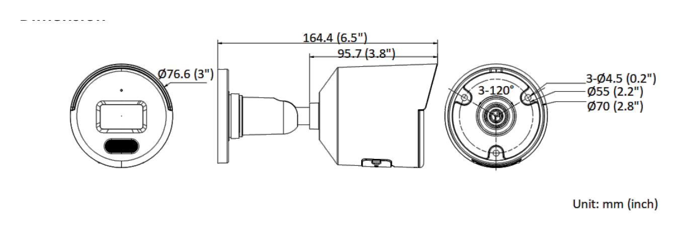 DS-2CD3027G0E-LUF-C 外形尺寸圖 Ø 76.6 mm × 164.4 mm (Ø 3" × 6.5")｜重量 Approx. 420 g (0.93 lb.)｜Unit: mm