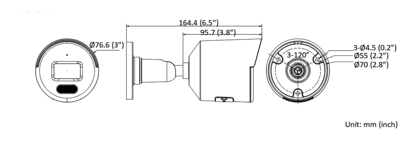 DS-2CD3027G2E-LUF 外形尺寸圖 Ø 76.6 mm × 164.4 mm (Ø 3" × 6.5")｜重量 Approx. 420 g (0.9 lb.)｜Unit: mm