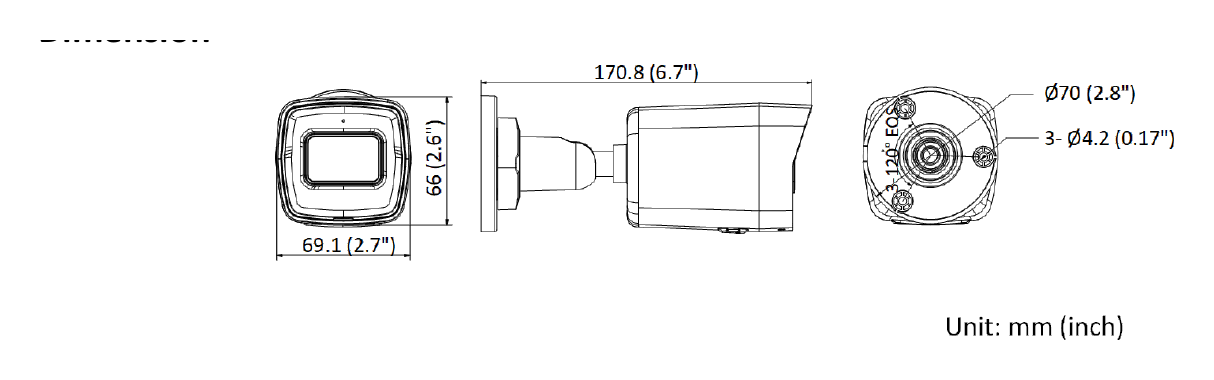 DS-2CD3041G2-IUF 外形尺寸圖 170.8 mm × 66 mm × 69.1 mm (6.7" × 2.6" × 2.7")｜重量 Approx. 270 g (0.6 lb.)｜Unit: mm