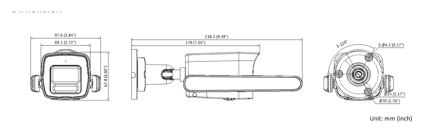 DS-2CD3041G2-LIDUF 外形尺寸圖 238.5 mm × 97.6 mm × 67.4 mm (9.39" × 3.84" × 2.65")｜重量 Approx. 380 g (0.83 lb.)｜Unit: mm