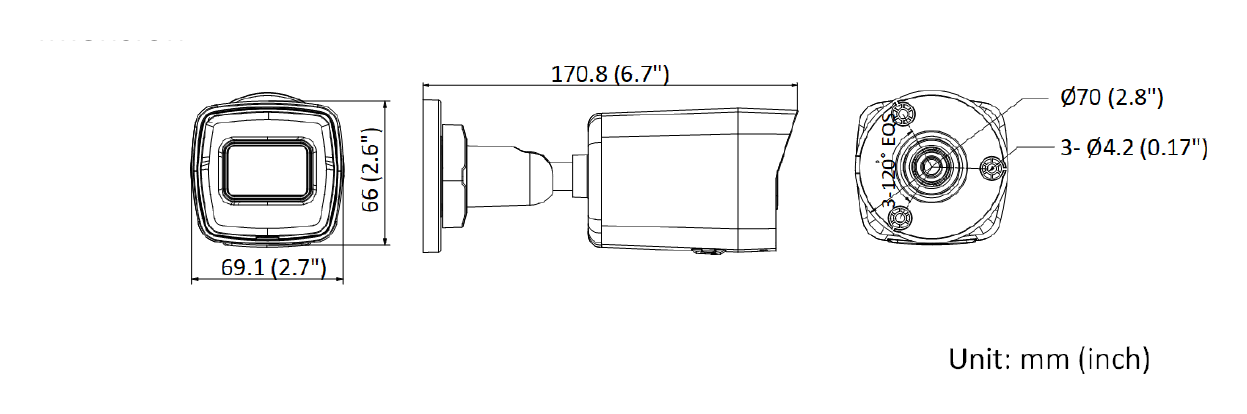 DS-2CD3041G2E-I 外形尺寸圖 170.8 mm × 66 mm × 69.1 mm (6.7" × 2.6" × 2.7")｜重量 Approx. 270 g (0.6 lb.)｜Unit: mm