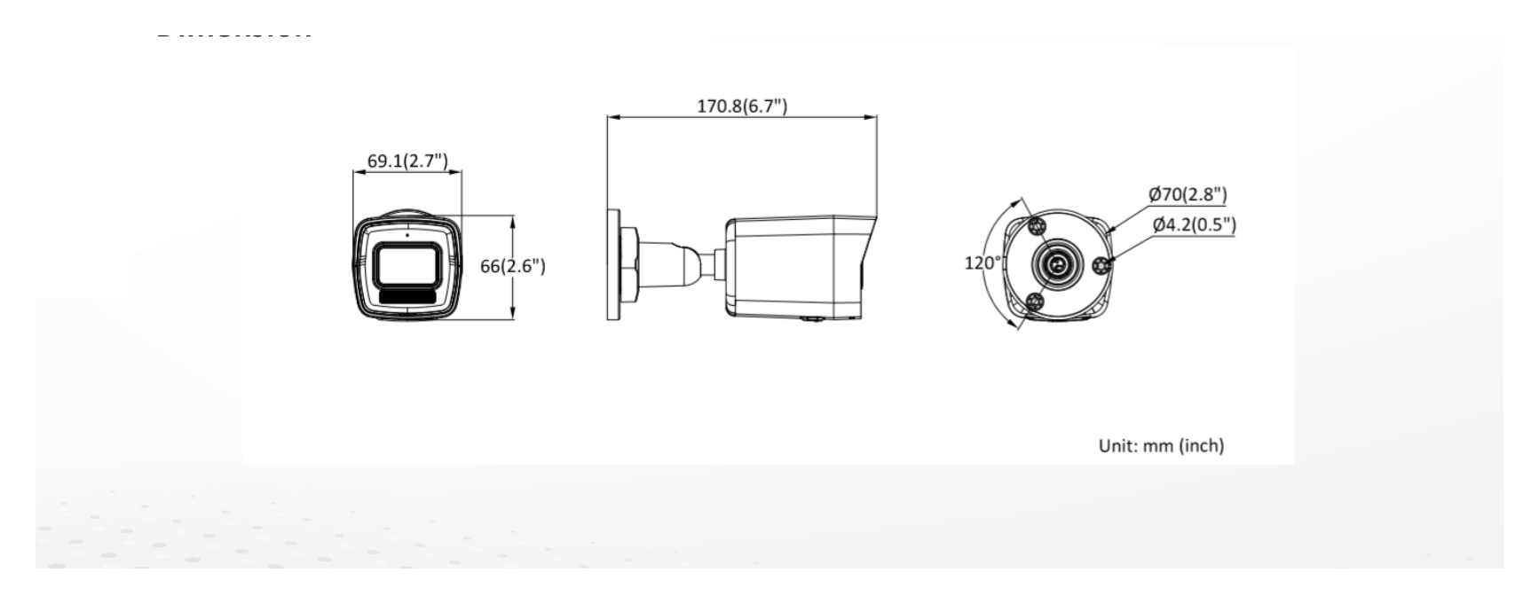 DS-2CD3041G2E-LIU 外形尺寸圖 170.8 mm × 66 mm × 69.1 mm (6.7" × 2.6" × 2.7")｜重量 Approx. 280 g (0.6 lb.)｜Unit: mm