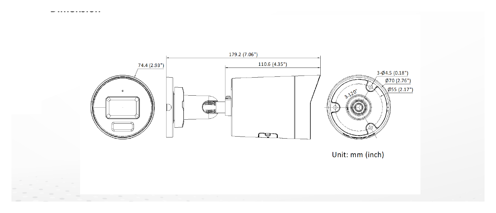 DS-2CD3043G2-IU-B 外形尺寸圖 Ø 74.4 mm × 179.2 mm (Ø 2.9" × 7.1")｜重量 Approx. 510 g (1.1 lb.)｜Unit: mm