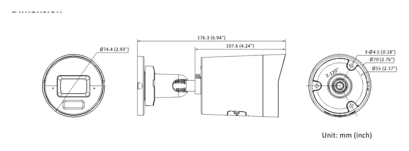 DS-2CD3043G2-LIU 外形尺寸圖 Ø 74.4 mm × 176.3 mm (Ø 2.93" × 6.94")｜重量 Approx. 515 g (1.1 lb.)｜Unit: mm