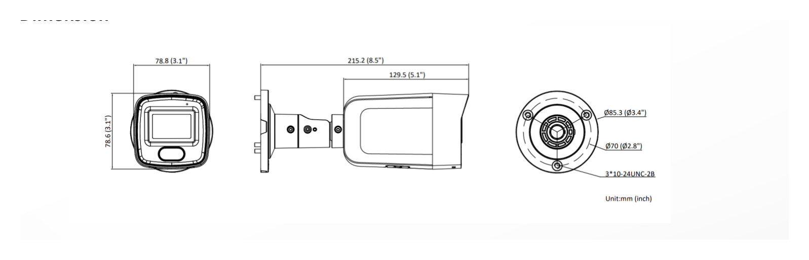 DS-2CD3046G2-IS 外形尺寸圖 78.8 mm × 78.6 mm × 215.2 mm (3.1" × 3.1" × 8.5")｜重量 Approx. 830 g (1.8 lb.)｜Unit: mm