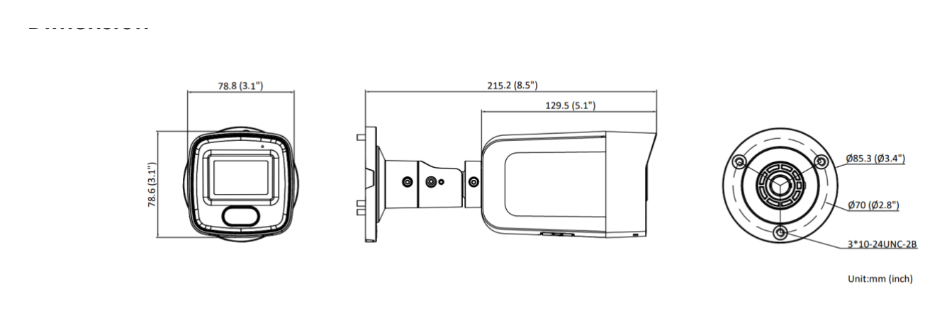 DS-2CD3046G2-IS-H 外形尺寸圖 78.8 mm × 78.6 mm × 215.2 mm (3.1" × 3.1" × 8.5")｜重量 Approx. 830 g (1.8 lb.)｜Unit: mm