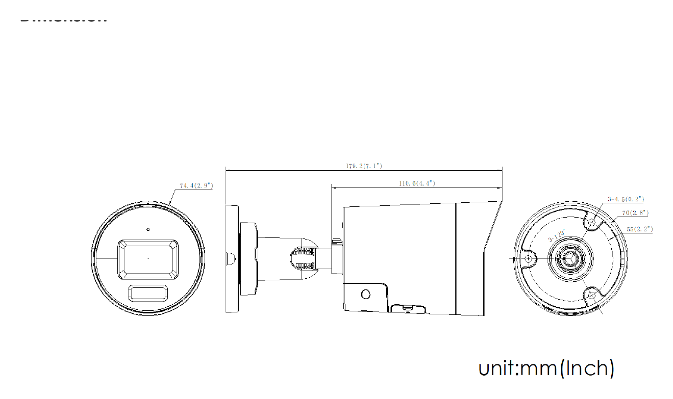 DS-2CD3046G2-IU 外形尺寸圖 74.4 mm × 74.4 mm × 179.2 mm (2.9" × 2.9" × 7.1")｜重量 Approx. 590 g (1.3 lb.)｜Unit: mm