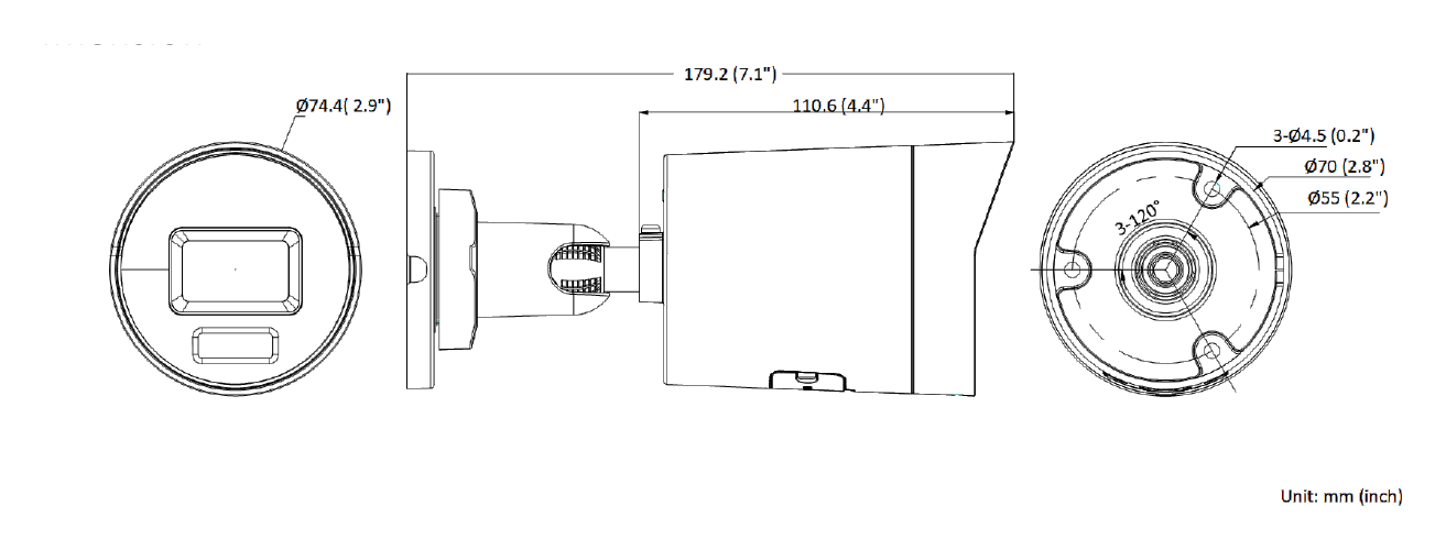 DS-2CD3046G2H-LIU 外形尺寸圖 Ø 74.4 mm × 179.2 mm (Ø 2.9" × 7.1")｜重量 Approx. 525 g (1.2 lb.)｜Unit: mm