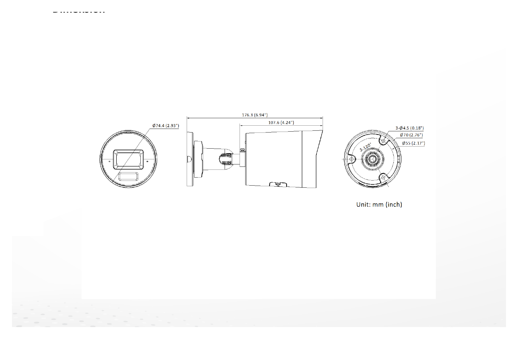 DS-2CD3046G3-LIUY 外形尺寸圖 Ø 74.4 mm × 176.3 mm (Ø 2.9" × 6.9")｜重量 Approx. 530 g (1.2 lb.)｜Unit: mm