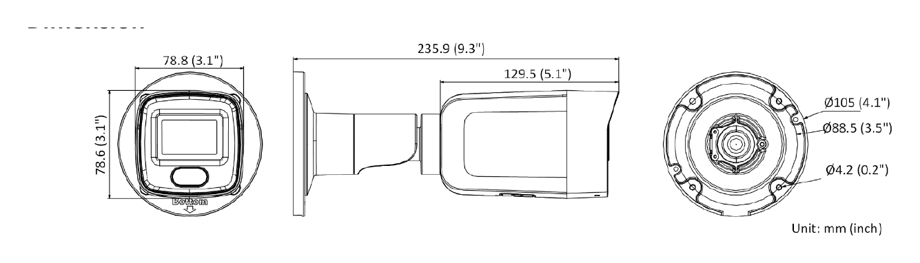 DS-2CD3047G2-LS-C 外形尺寸圖 78.8 mm × 78.6 mm × 235.9 mm (3.1" × 3.1" × 9.3")｜重量 Approx. 860 g (1.9 lb.)｜Unit: mm
