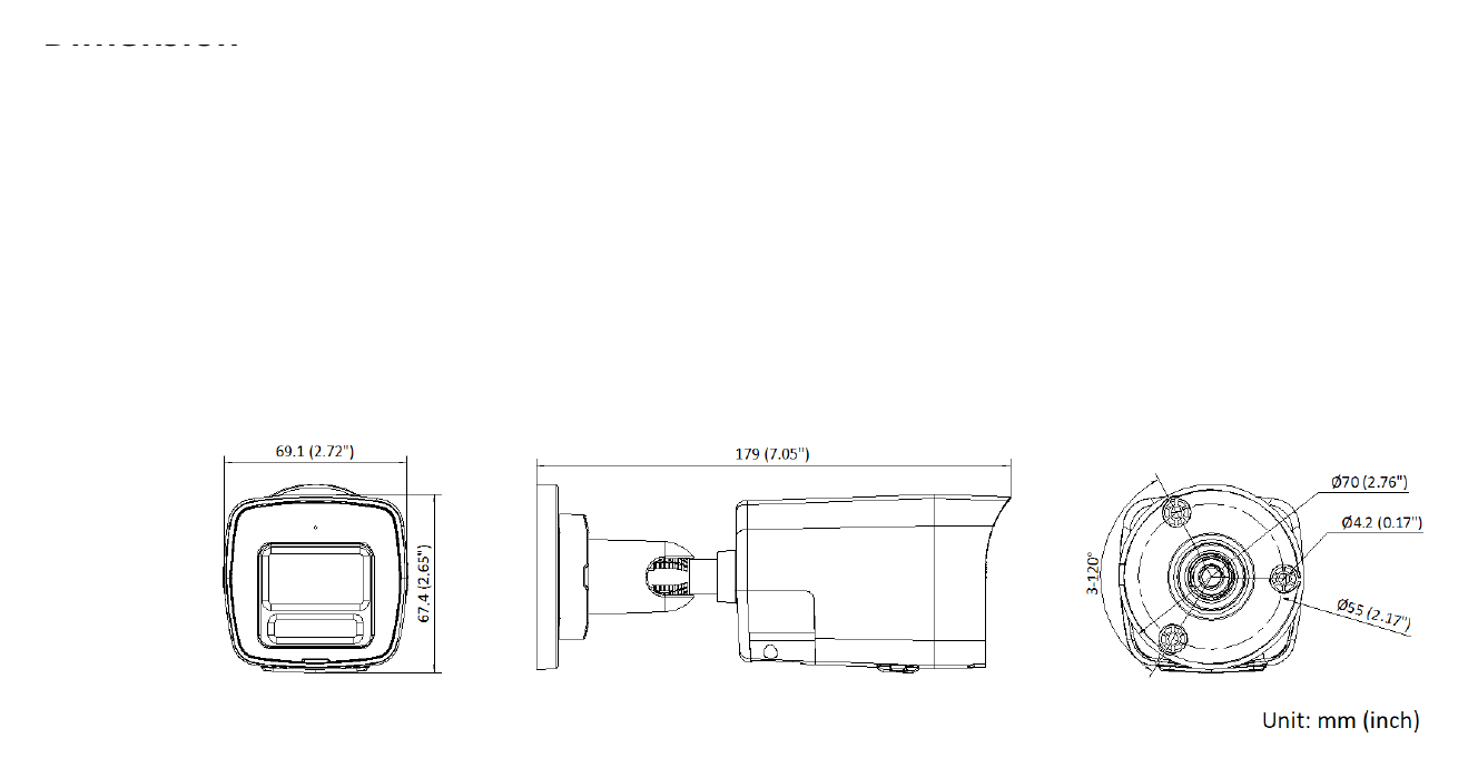 DS-2CD3047G2E-LIUF 外形尺寸圖 179 mm × 69.1 mm × 67.4 mm (7.05" × 2.72" × 2.65")｜重量 Approx. 450 g (1.2 lb.)｜Unit: mm