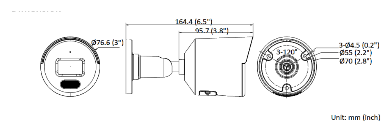 DS-2CD3047G2E-LUF 外形尺寸圖 Ø 76.6 mm × 164.4 mm (Ø 3" × 6.5")｜重量 Approx. 420 g (0.9 lb.)｜Unit: mm