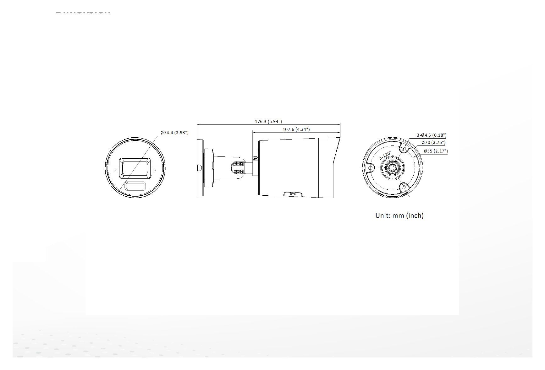 DS-2CD3047G3-LIUY 外形尺寸圖 Ø 74.4 mm × 176.3 mm (Ø 2.9" × 6.9")｜重量 Approx. 530 g (1.2 lb.)｜Unit: mm