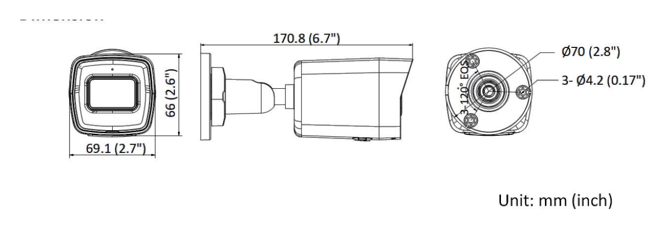 DS-2CD3051G0-IUF-C 外形尺寸圖 170.8 mm × 66 mm × 69.1 mm (6.72" × 2.59" × 2.7")｜重量 Approx. 270 g (0.6 lb.)｜Unit: mm