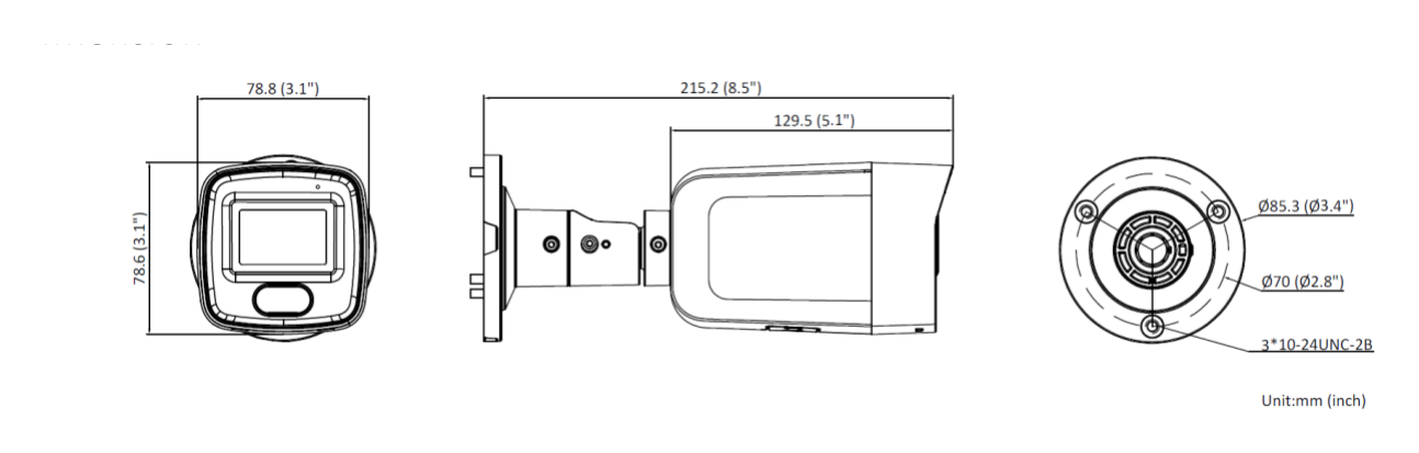 DS-2CD3056G2-IS-H 外形尺寸圖 78.8 mm × 78.6 mm × 215.2 mm (3.1" × 3.1" × 8.5")｜重量 Approx. 725 g (1.6 lb.)｜Unit: mm