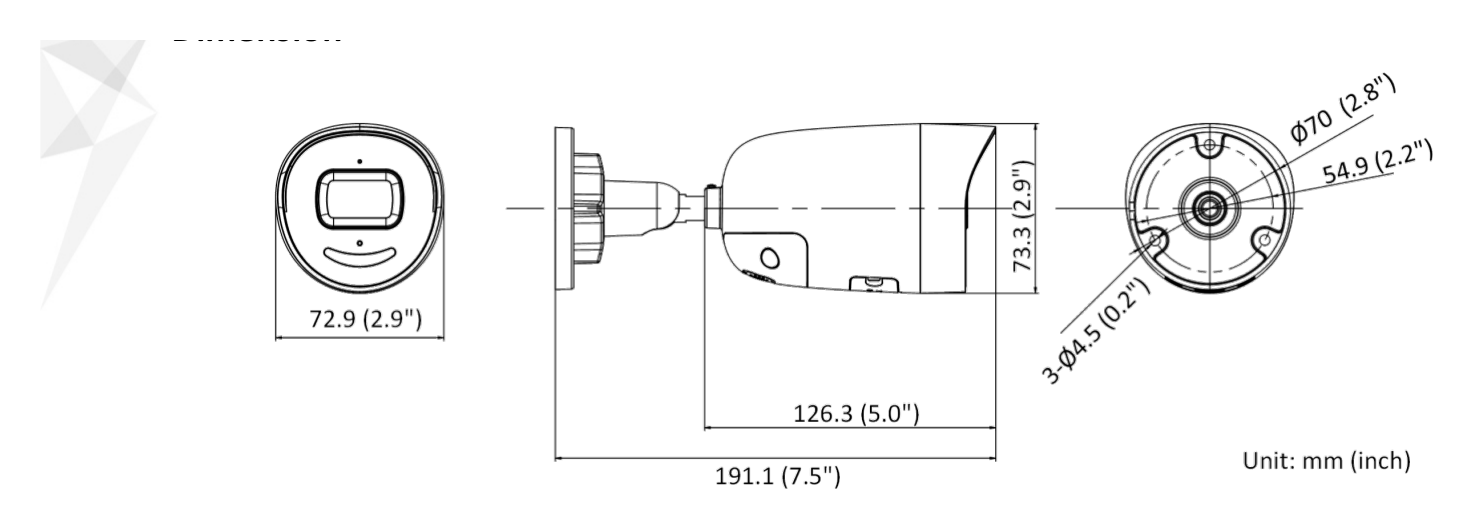 DS-2CD3056G2-IU 外形尺寸圖 72.9 mm × 73.3 mm × 191.1 mm (2.9" × 2.9" × 7.5")｜重量 Approx. 590 g (1.3 lb.)｜Unit: mm