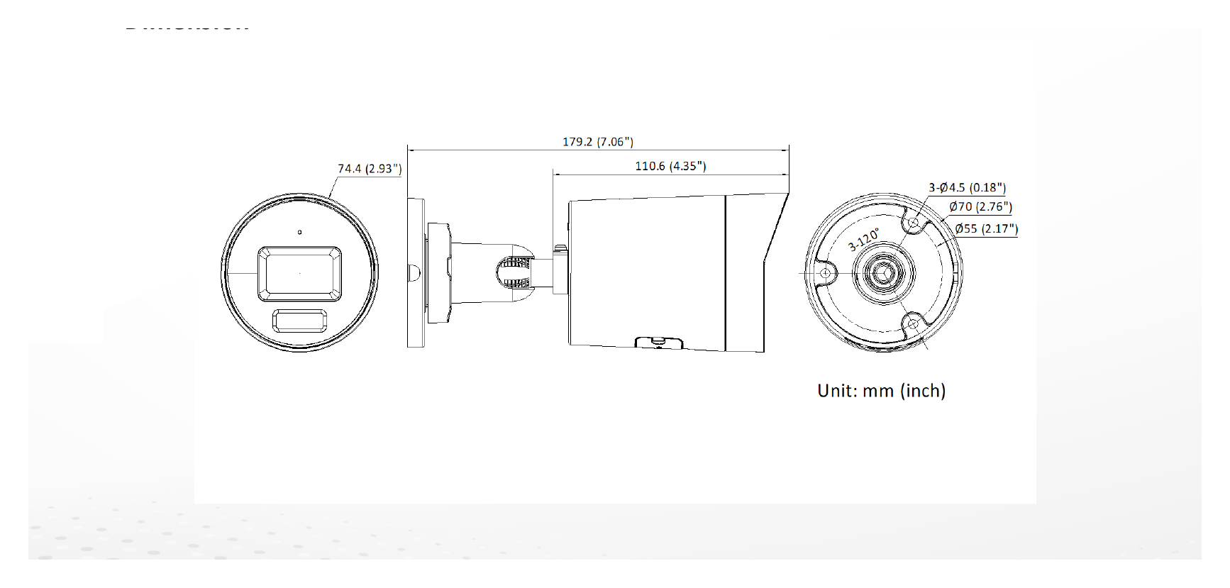 DS-2CD3063G2-IU-B 外形尺寸圖 Ø 74.4 mm × 179.2 mm (Ø 2.9" × 7.1")｜重量 Approx. 510 g (1.1 lb.)｜Unit: mm