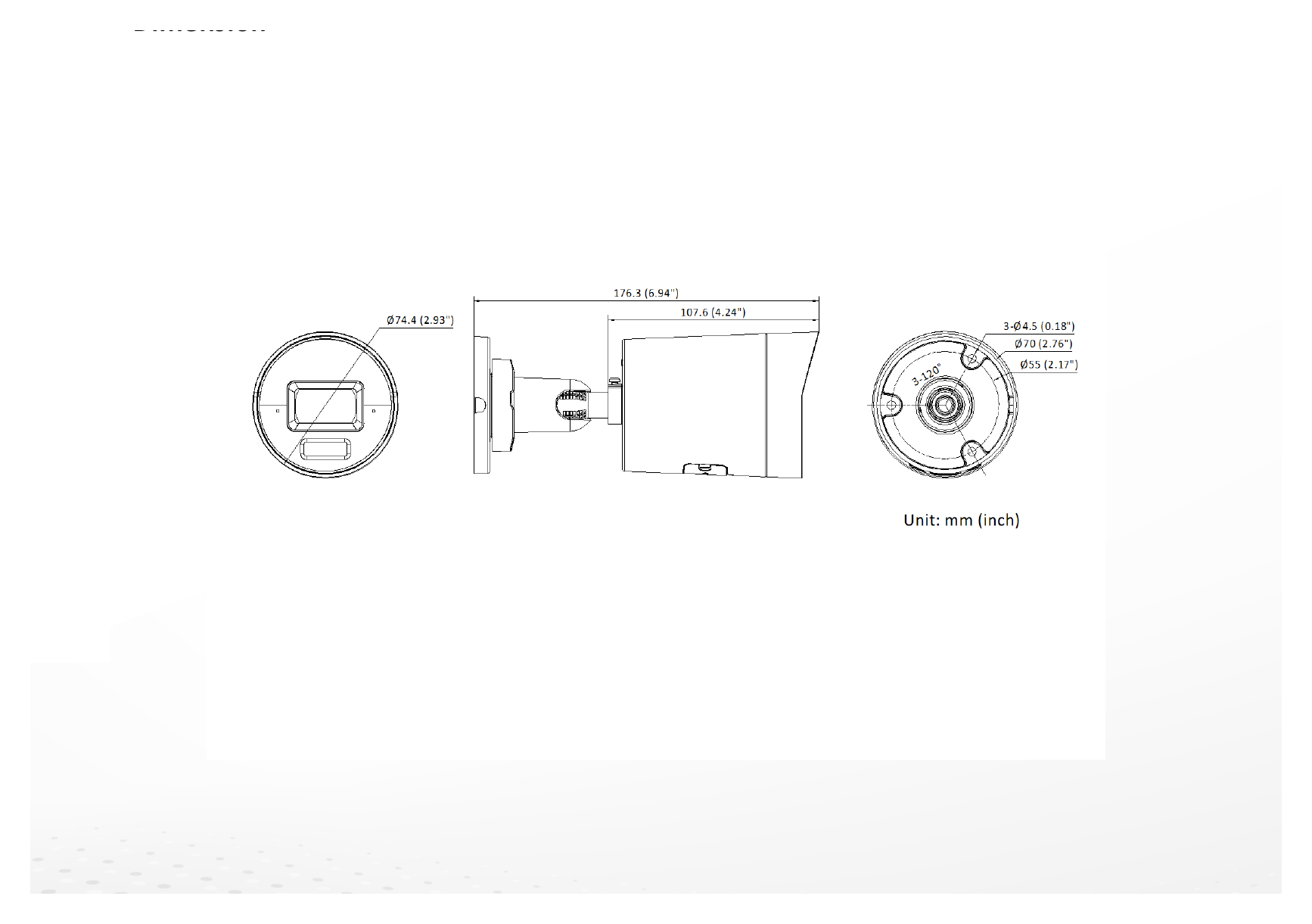DS-2CD3067G3-LIUY 外形尺寸圖 Ø 74.4 mm × 176.3 mm (Ø 2.9" × 6.9")｜重量 Approx. 520 g (1.2 lb.)｜Unit: mm