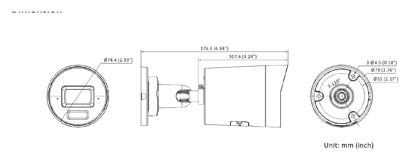 DS-2CD3083G2-LIU 外形尺寸圖 Ø 74.4 mm × 176.3 mm (Ø 2.93" × 6.94")｜重量 Approx. 515 g (1.1 lb.)｜Unit: mm